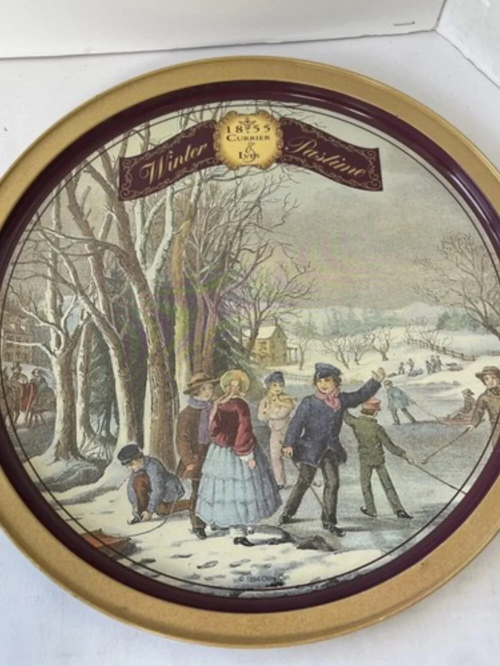 Currier & Ives Winter Pastime Metal Serving Tray 13” Vintage 1994